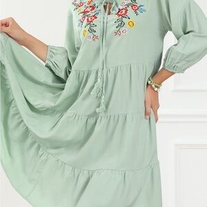 Embroidered Tie Neck Dropped Shoulder Mini Dress